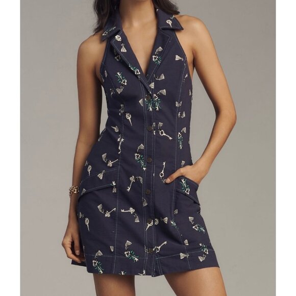 Maeve Anthropologie The Amelia Navy Collared Mini Dress Size M - Picture 1 of 6